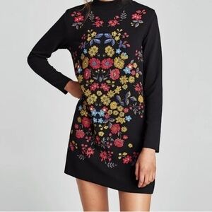 Zara Black Long Sleeve Mini Dress with Multicolor Floral Embroidery